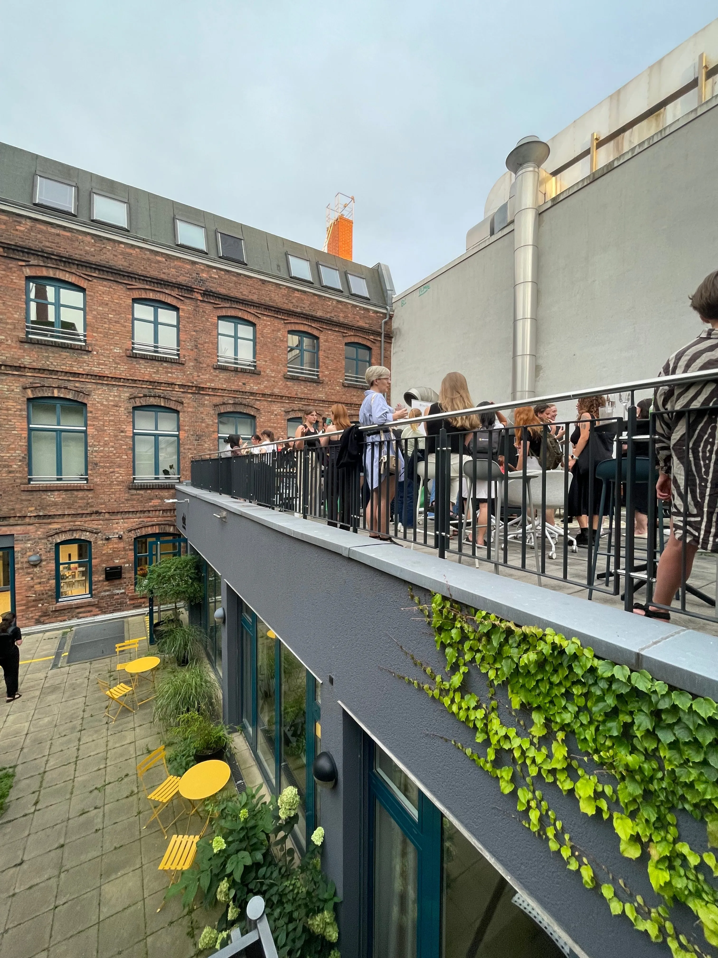 People enjoying a casual gathering on a rooftop terrace at DocMorris, surrounded by greenery and a brick building.