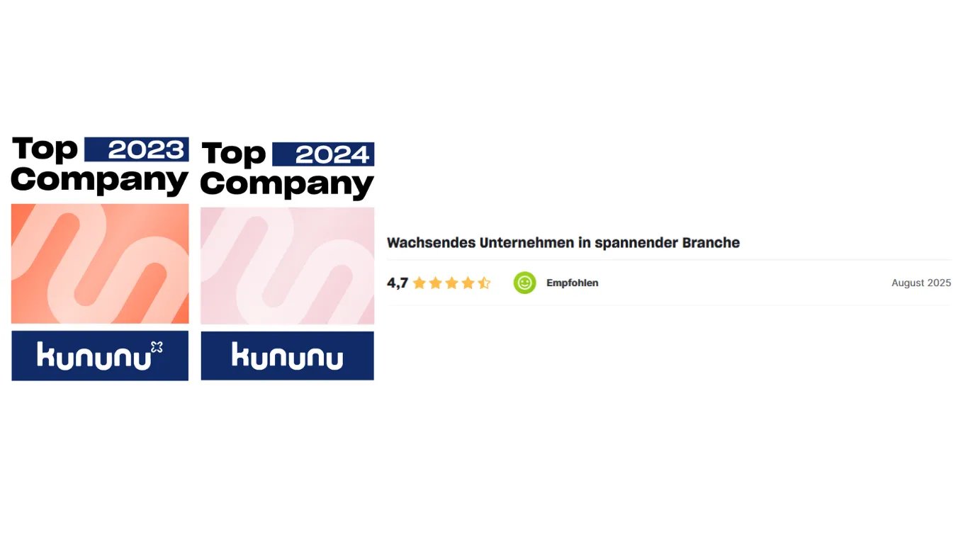 Kununu-Siegel zeigt DocMorris als "Top Company" 2023 und 2024. Bewertung: 4,5 Sterne. Text: "Hier wird Teamarbeit und Mental Health wirklich gelebt.