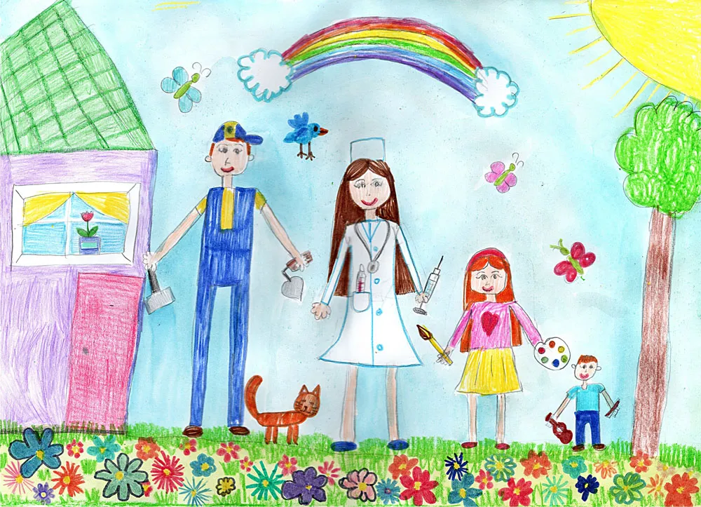 Kinderzeichnung einer glücklichen Familie im Garten, die Mama als Krankenschwester, der Papa als Handwerker, und zwei Kinder mit Spielzeug.