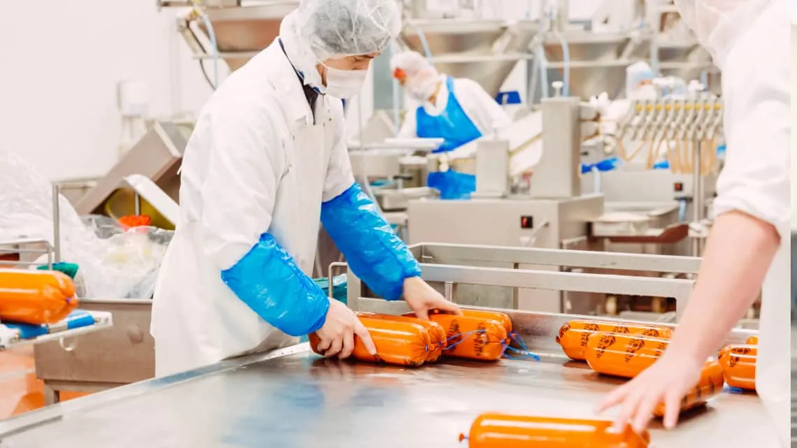 Du siehst Mitarbeitende in Schutzkleidung, die Wurstwaren in einer modernen Produktionshalle verarbeiten.