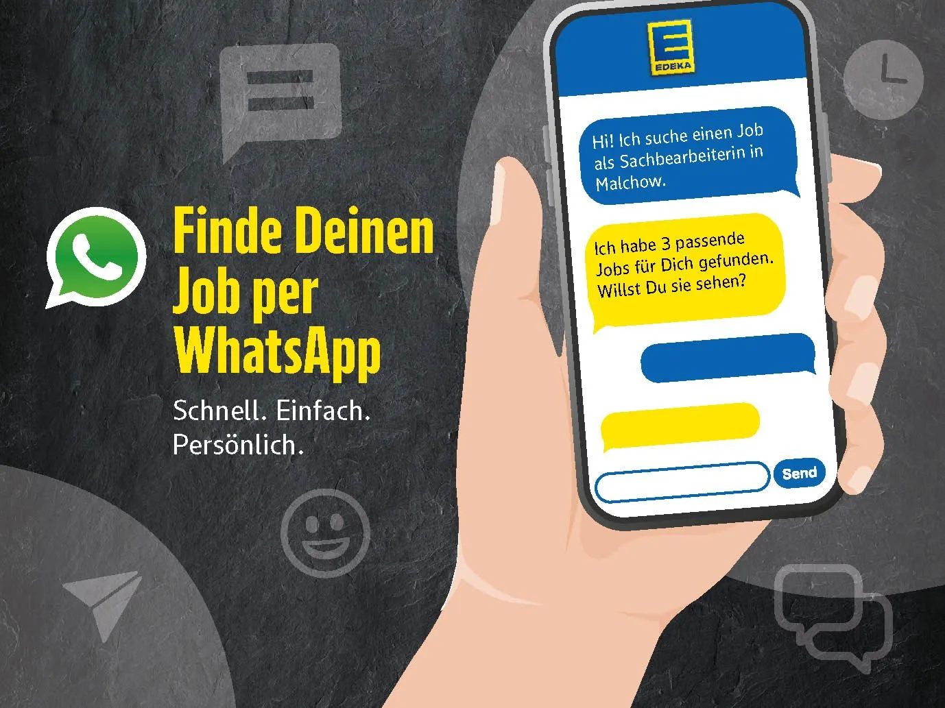 Hand hält Smartphone mit WhatsApp-Chat; Text: "Finde Deinen Job per WhatsApp. Schnell. Einfach. Persönlich.