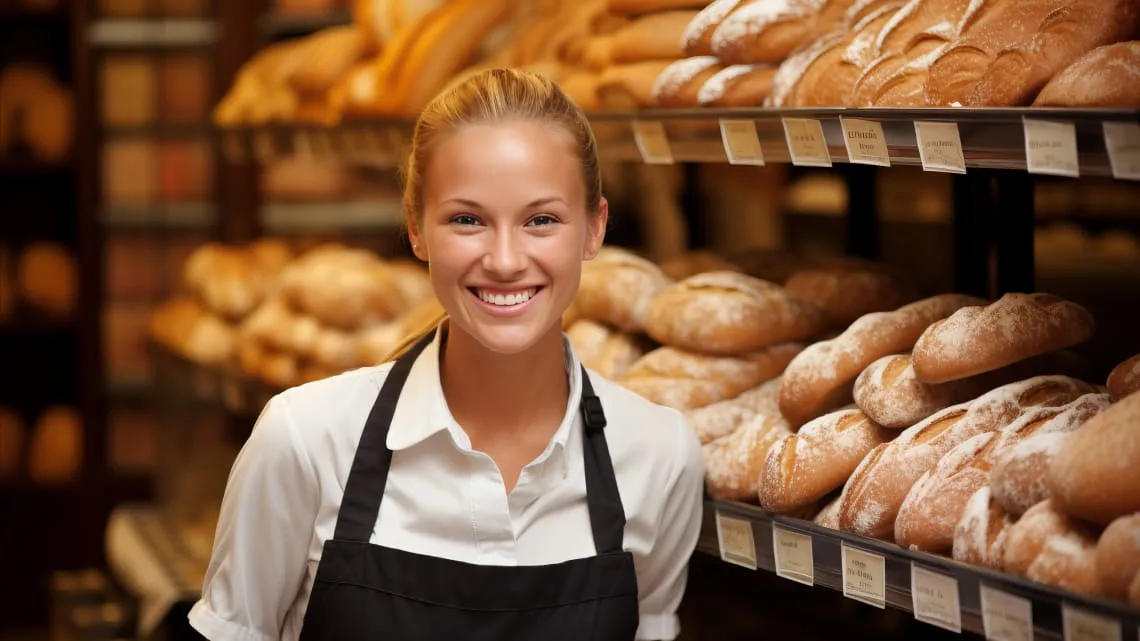 Junge Mitarbeiterin mit Schürze lächelt vor einem Regal mit frischem Brot in einer EDEKA Bäckerei.