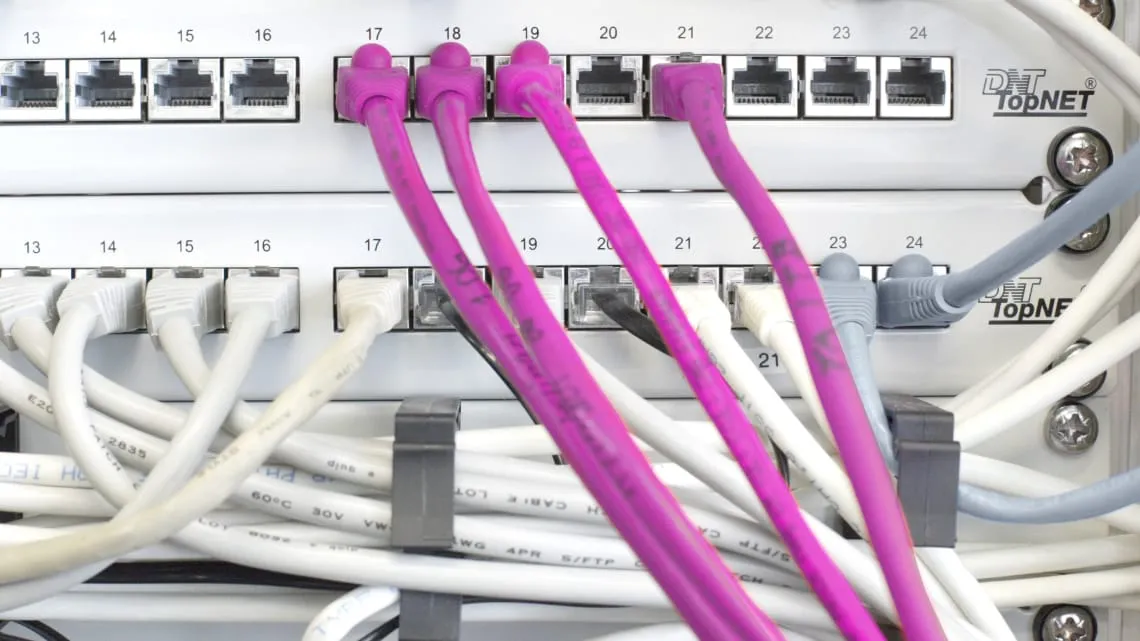 Nahaufnahme von Netzwerk- und Datenkabeln in einem Serverraum bei Evonik – hier gestaltest Du die Energiezukunft mit.