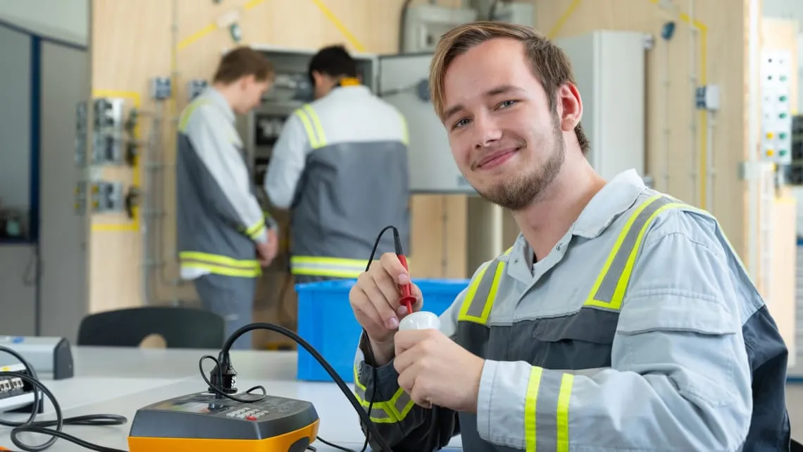 Junger Techniker prüft eine Glühbirne im Labor bei Evonik, im Hintergrund arbeiten Kollegen an Schaltschränken.