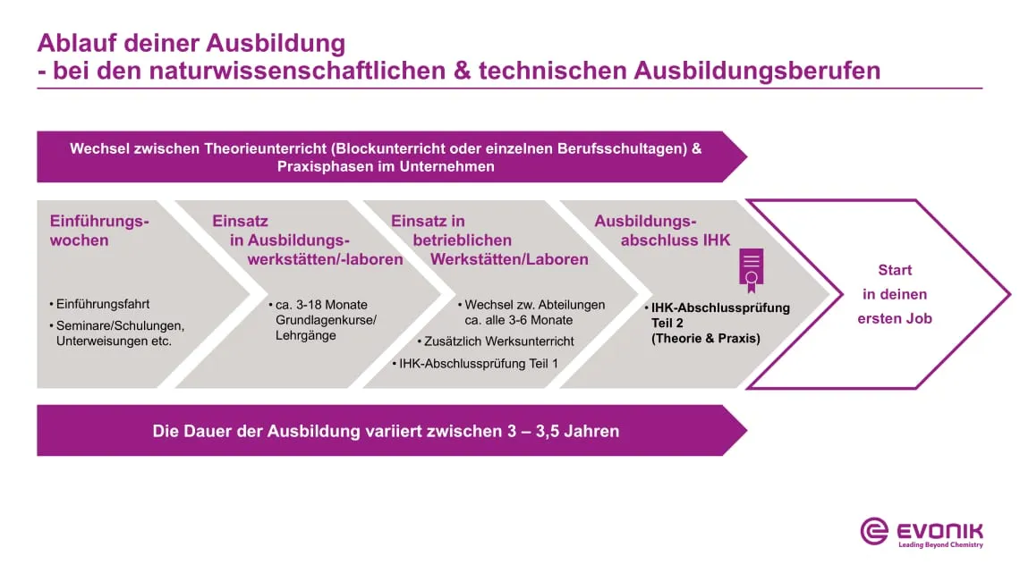 Ablaufdiagramm deiner naturwissenschaftlichen oder technischen Ausbildung bei Evonik: Von Einführungswochen bis zum Start in deinen ersten Job.