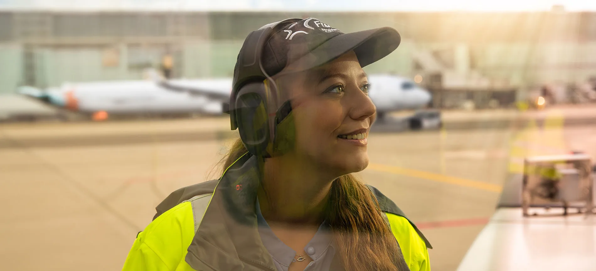 Du siehst eine Fraport-Mitarbeiterin mit Warnweste und Headset lächelnd auf dem Flughafenvorfeld vor einem Flugzeug.