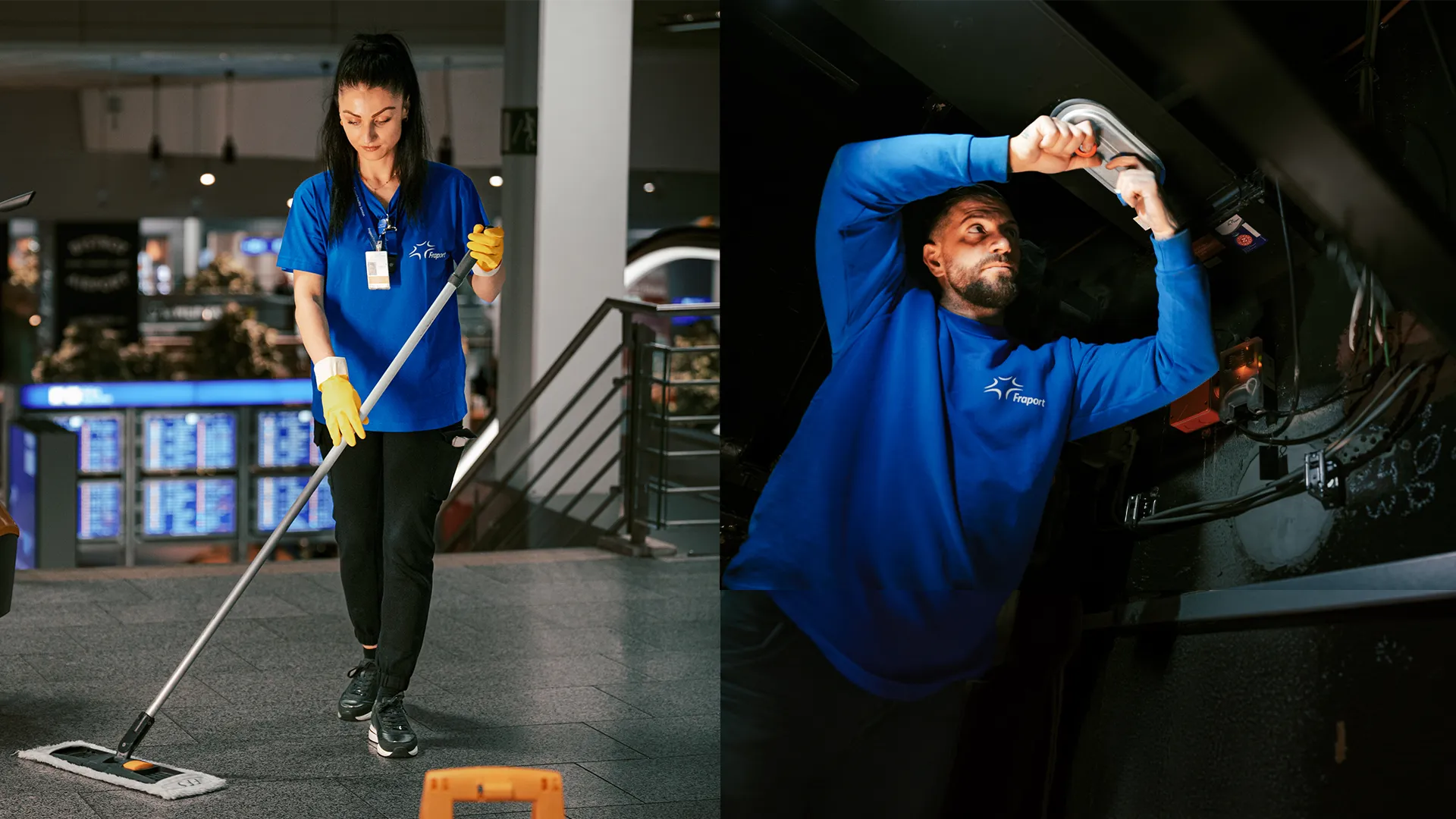 Zwei Fraport-Mitarbeitende bei der Arbeit: Du siehst eine Person beim Reinigen und eine beim technischen Service.