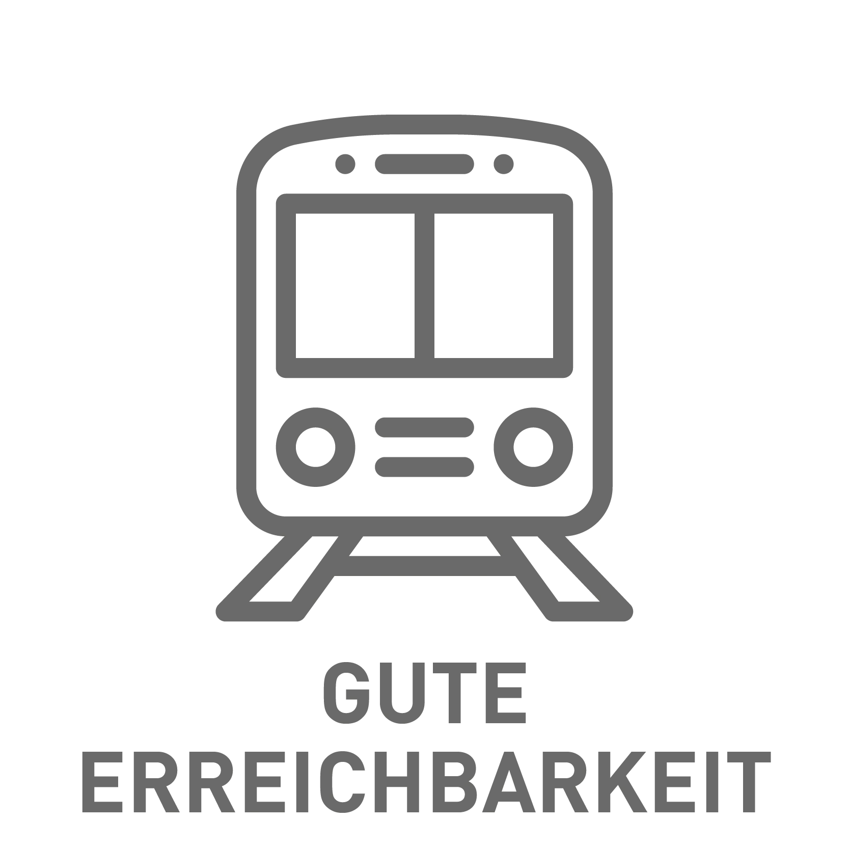 Graues Icon einer Straßenbahn mit dem Text „Gute Erreichbarkeit“ – zeigt, dass Du den Arbeitsplatz leicht erreichst.