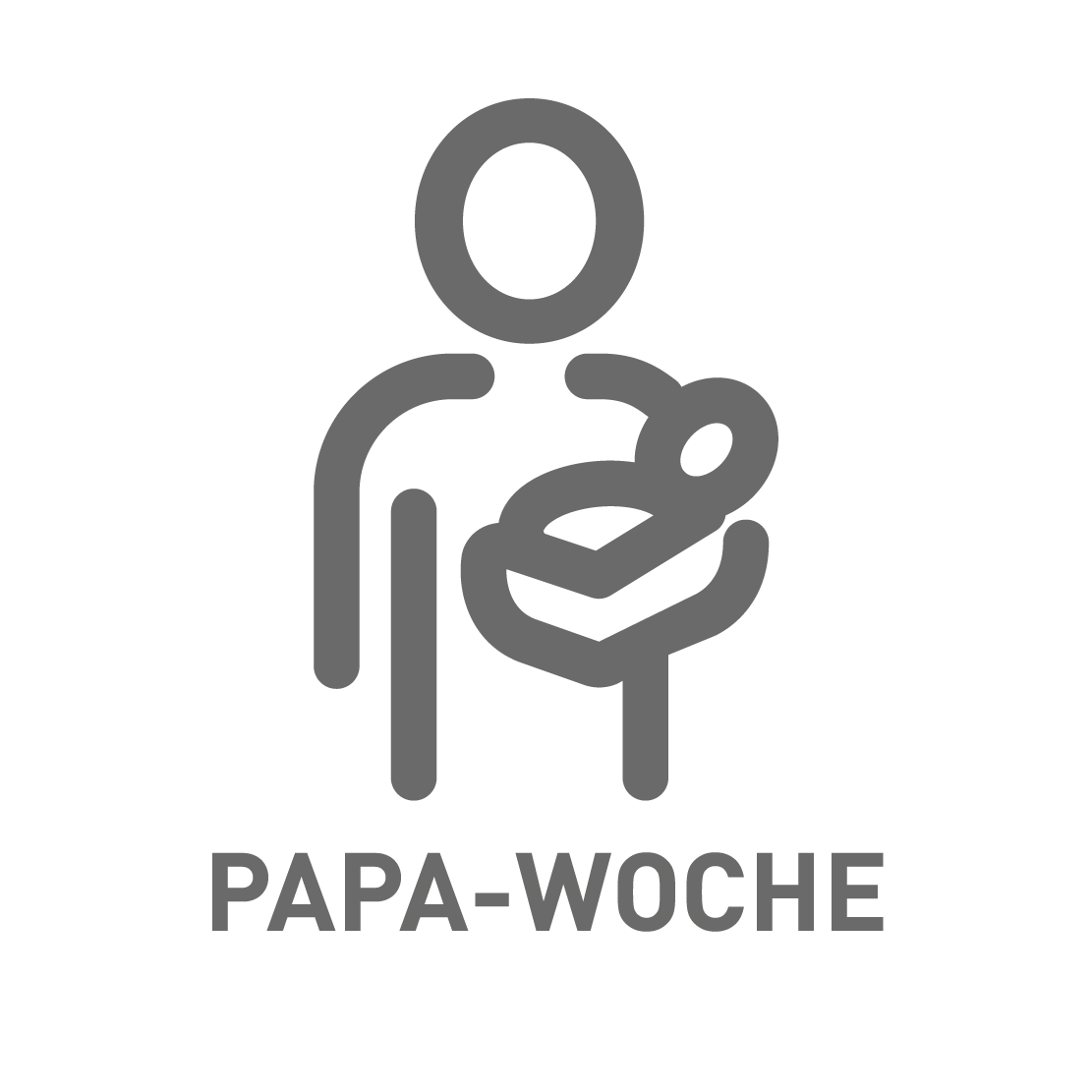 Symbol einer Person, die ein Baby hält, mit dem Schriftzug „PAPA-WOCHE“ – Hinweis auf Vaterschaftswoche für Dich.
