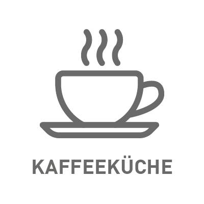 Graue Illustration einer dampfenden Kaffeetasse mit Untertasse und dem Schriftzug „Kaffeeküche“ darunter.