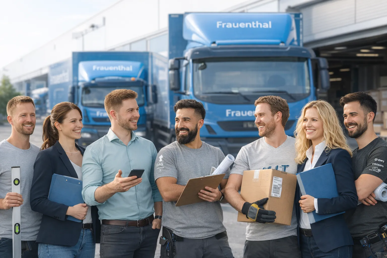 Ein freundliches Team der Frauenthal Handel Gruppe steht vor Liefer-Lkw und lacht gemeinsam in die Kamera.