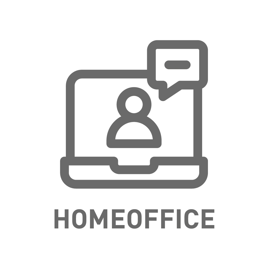 Symbol eines Laptops mit Person und Sprechblase, dazu der Schriftzug "Homeoffice" für flexible Arbeitsmöglichkeiten.