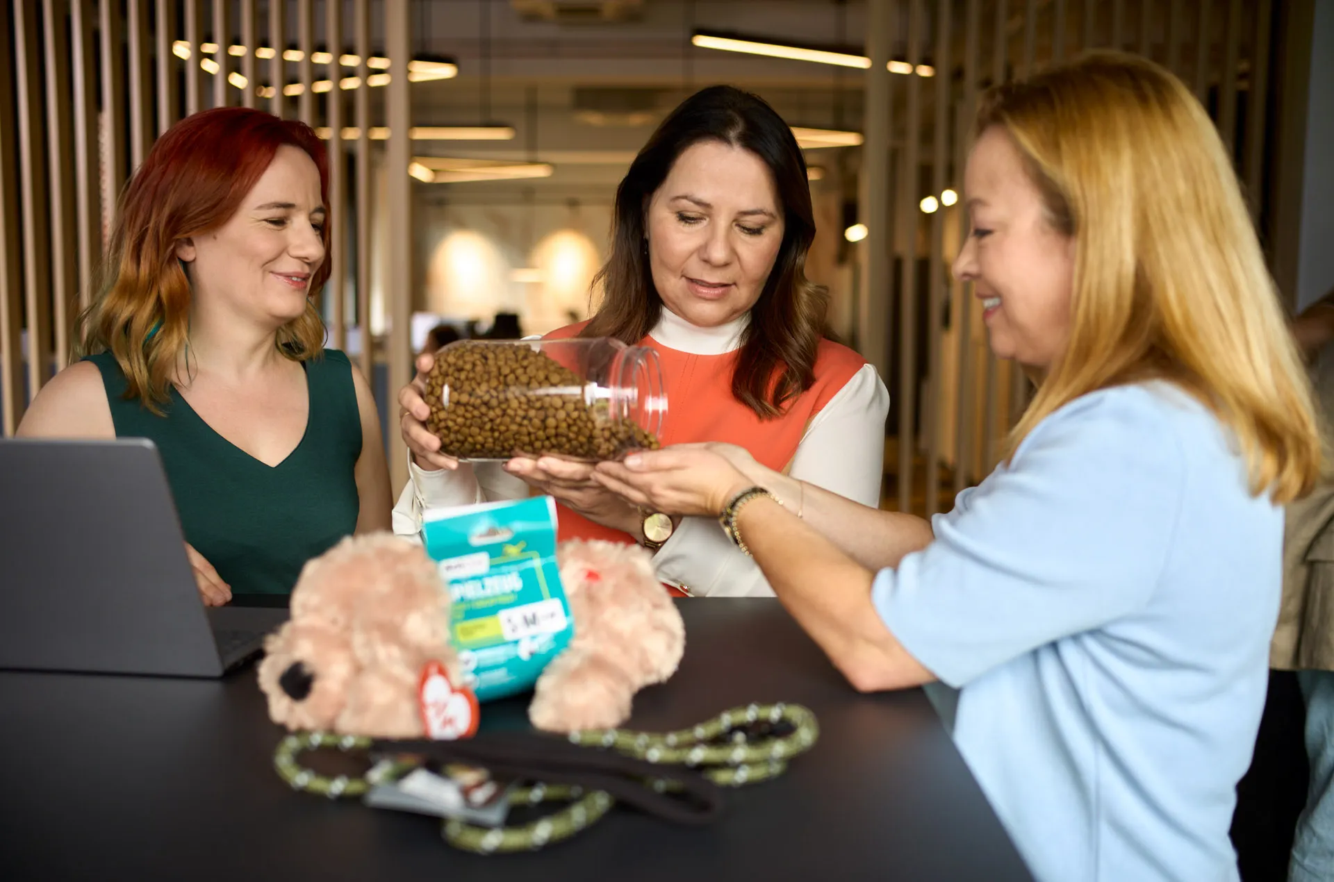 Drei Personen sitzen lächelnd an Computern in einem modernen Büro bei Fressnapf Holding SE.