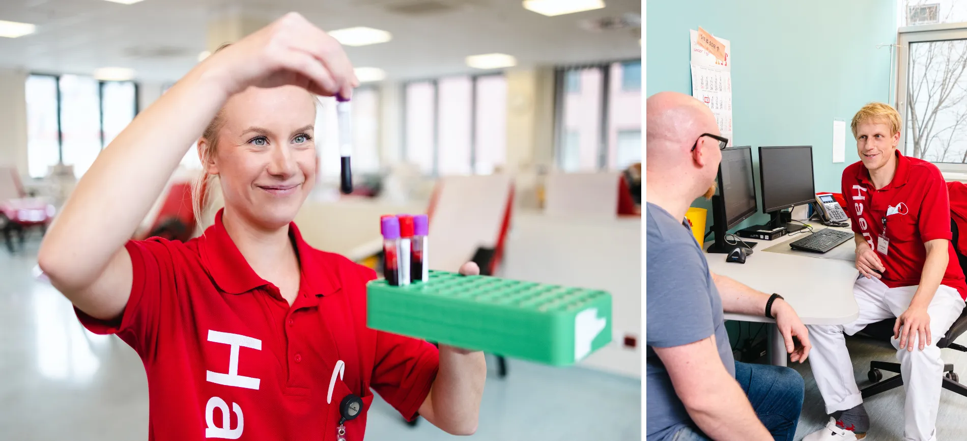 Eine Haema-Mitarbeiterin in roter Arbeitskleidung hält eine Blutprobe im Spendezentrum. Ein Haema Arzt berät einen Spender in einem Büro.