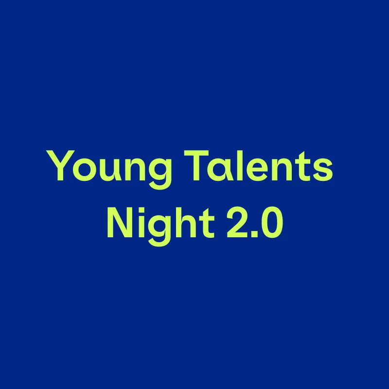 Blauer Hintergrund mit Text 'Young Talents Night 2.0' in gelber Schrift.