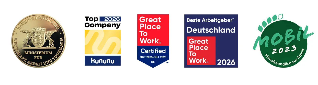Auszeichnungen von Haufe-Group: Baden-Württemberg Preis, kununu Top Company 2025, Great Place to Work 2024, Nobi 2023.