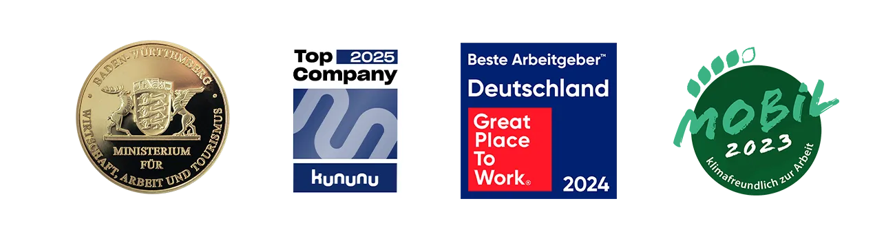 Auszeichnungen von Haufe-Group: Baden-Württemberg Preis, kununu Top Company 2025, Great Place to Work 2024, Nobi 2023.