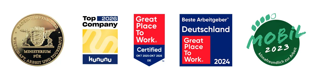 Auszeichnungen von Haufe-Group: Baden-Württemberg Preis, kununu Top Company 2025, Great Place to Work 2024, Nobi 2023.