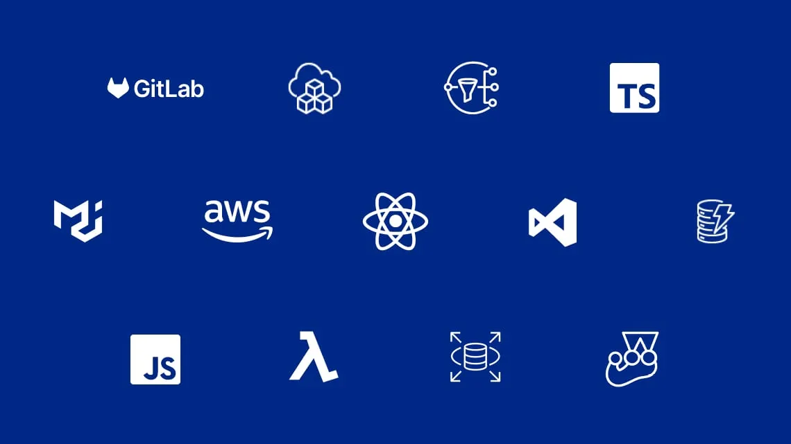 Logos mehrerer Technologien auf blauem Hintergrund, darunter GitLab, AWS und React, relevant für die Medien- und Unterhaltungsbranche.