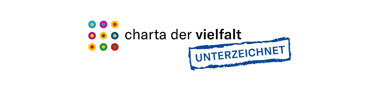 Logo der Charta der Vielfalt mit 'Unterzeichnet'-Stempel, zeigt Haufe-Groups Engagement für Diversität.