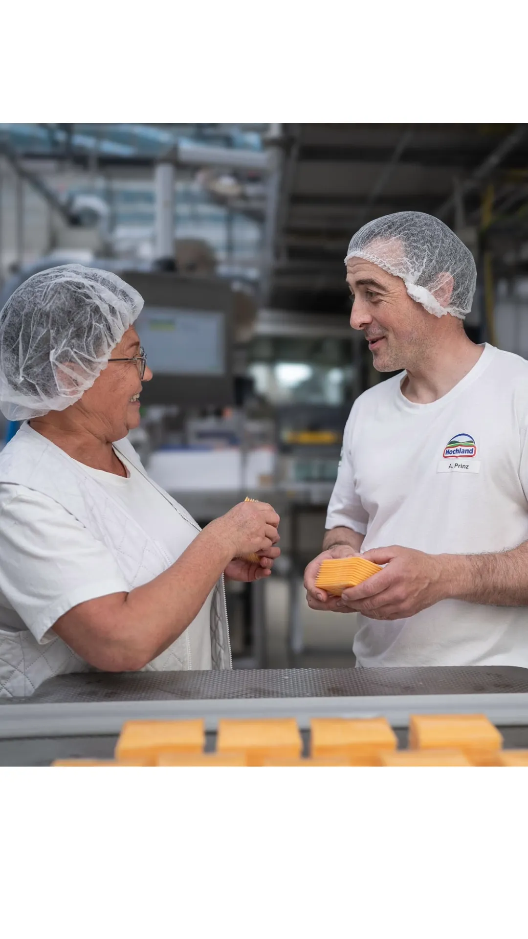 Zwei Mitarbeitende im Hochland-Werk tauschen sich freundlich bei der Käseproduktion aus.
