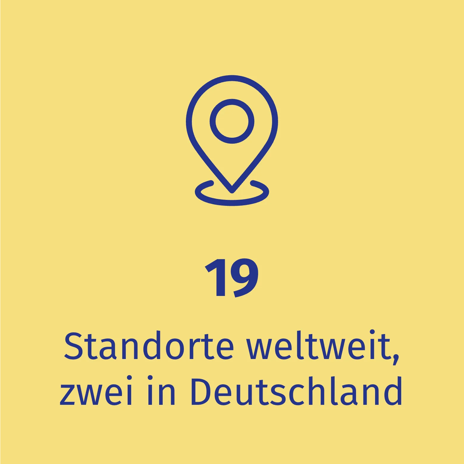 Blaues Standortsymbol, darunter Text: "19 Standorte weltweit, zwei in Deutschland" auf gelbem Hintergrund.