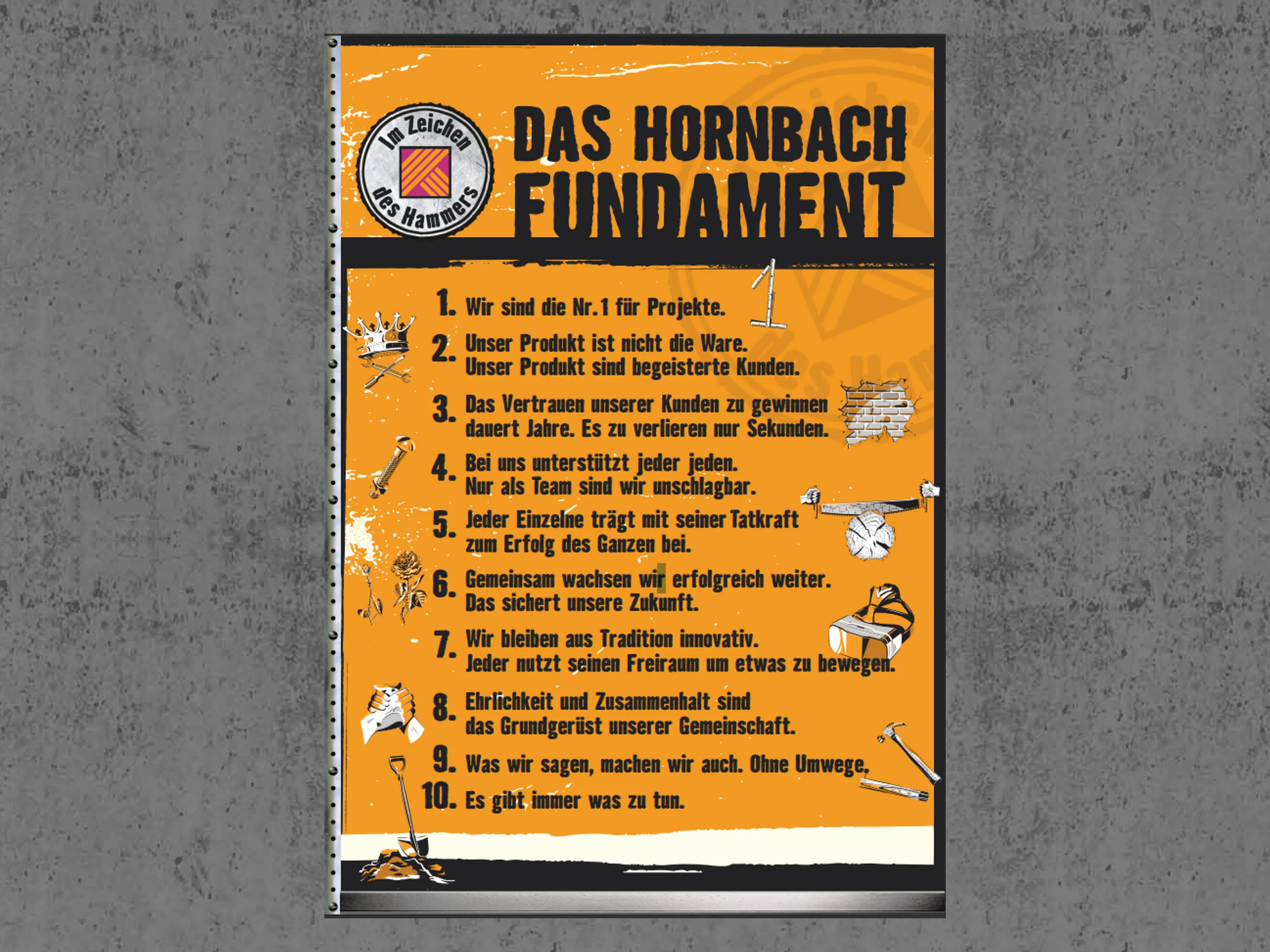 Ein Poster von HORNBACH Baumarkt AG mit dem Titel "Das HORNBACH Fundament", das zehn Grundsätze des Unternehmens zeigt.
