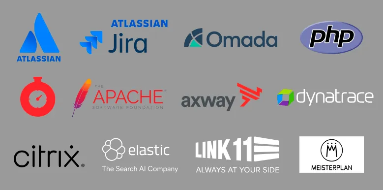 Logos von Software-Tools und -Unternehmen, darunter Atlassian, Jira, Omada, PHP, Apache, Citrix, Elastic, Link11, Meisterplan.