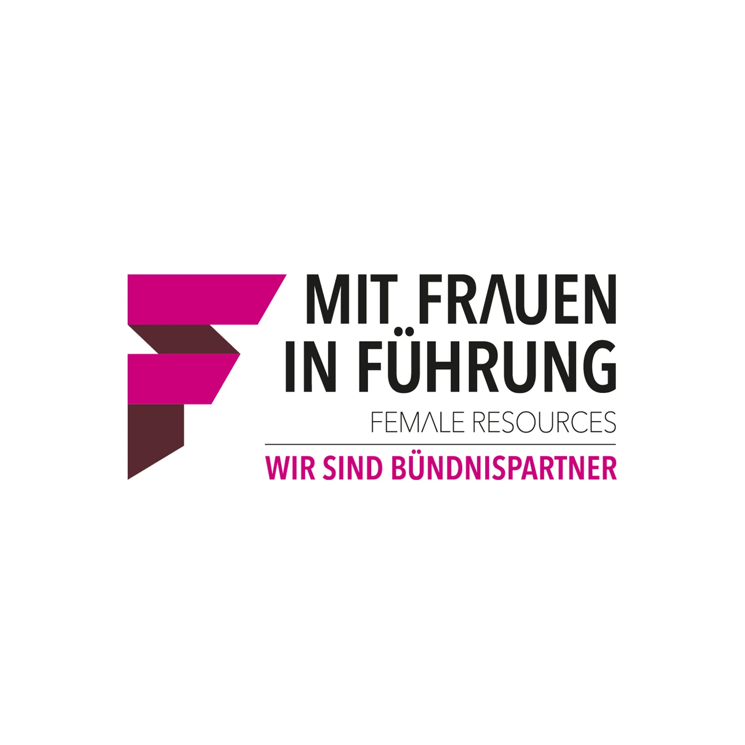 Logo mit Schriftzug 'Mit Frauen in Führung', 'Female Resources', und 'Wir sind Bündnispartner' in kräftigen Farben.