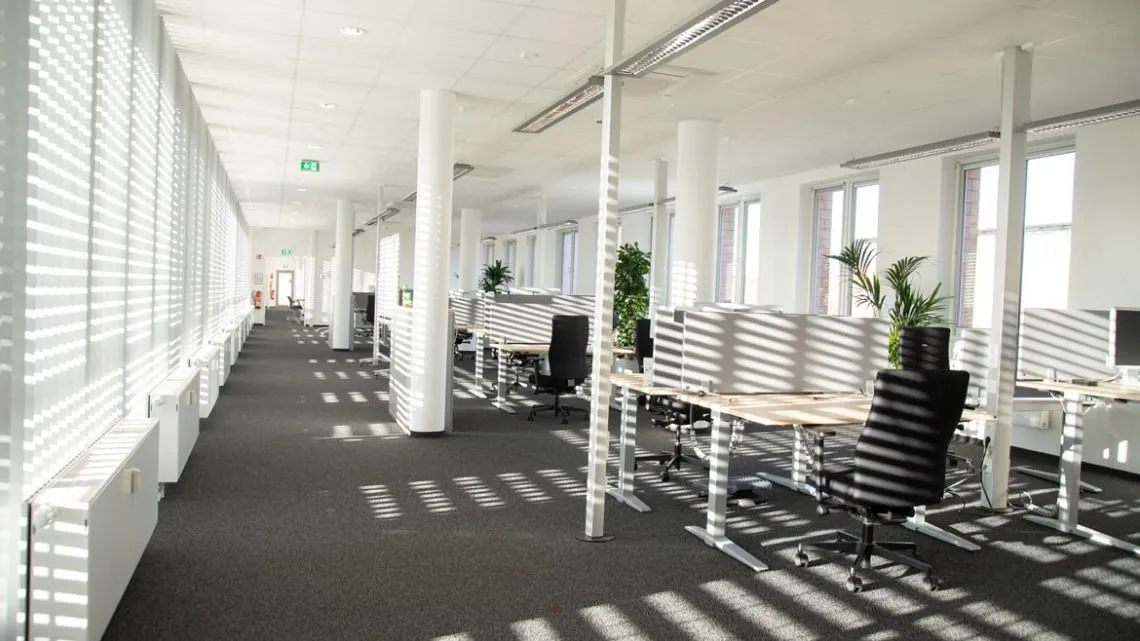 Helles, modernes Großraumbüro mit ergonomischen Arbeitsplätzen und Pflanzen bei KVM ServicePlus im Versicherungsbereich.