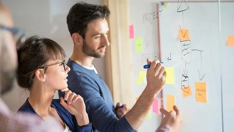 Zwei junge Menschen arbeiten gemeinsam an einem Whiteboard mit Skizzen und Haftnotizen im Teammeeting.