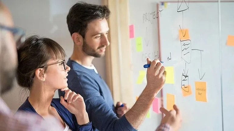 Ein Team plant gemeinsam an einem Whiteboard mit Skizzen und Haftnotizen bei Leadec. Du kannst hier mitgestalten.