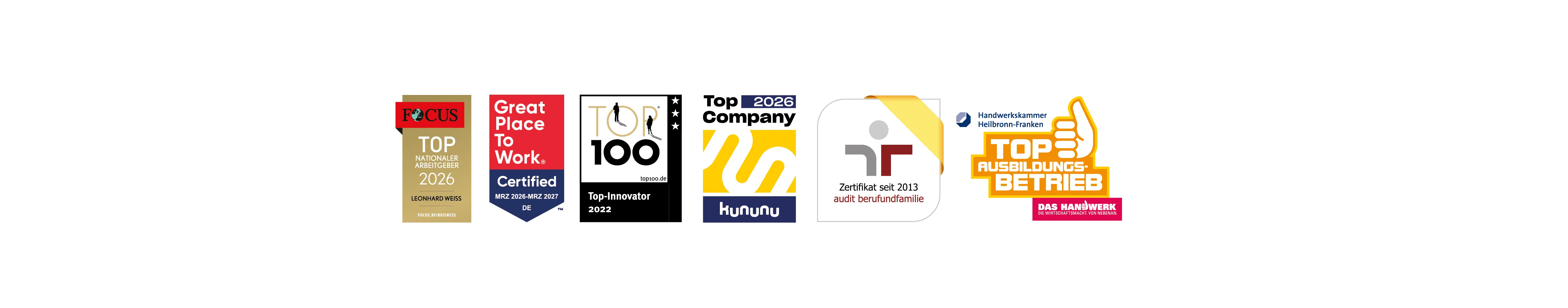 Auszeichnungen von Leonhard Weiss GmbH & Co. KG: FOCUS Top Arbeitgeber 2024, Top-Innovator 2022, kununu Top Company 2023, Top Ausbildung Deutschland 2023, Zertifikat audit berufundfamilie, Top Ausbildungsbetrieb.