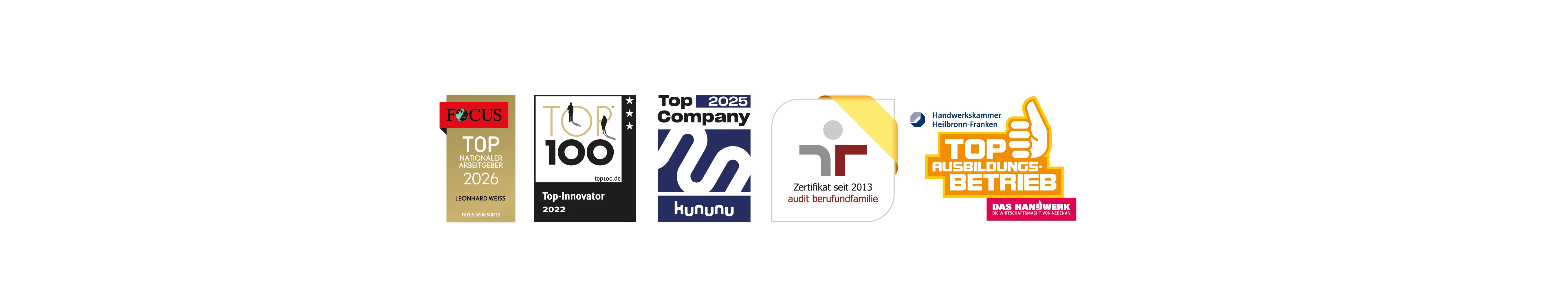 Auszeichnungen von Leonhard Weiss GmbH & Co. KG: Fokus Top Arbeitgeber 2024, Top-Innovator 2022, Kununu Top Company 2023, Top-Ausbildung 2023, Zertifikat audit berufundfamilie, Top Ausbildungsbetrieb der Handwerkskammer Heilbronn-Franken.