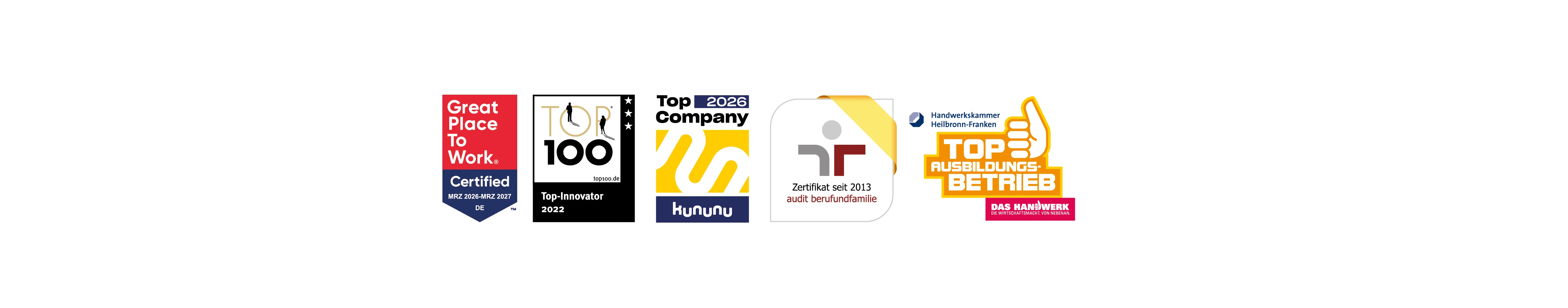 Auszeichnungen von Leonhard Weiss GmbH & Co. KG: Fokus Top Arbeitgeber 2024, Top-Innovator 2022, Kununu Top Company 2023, Top-Ausbildung 2023, Zertifikat audit berufundfamilie, Top Ausbildungsbetrieb der Handwerkskammer Heilbronn-Franken.