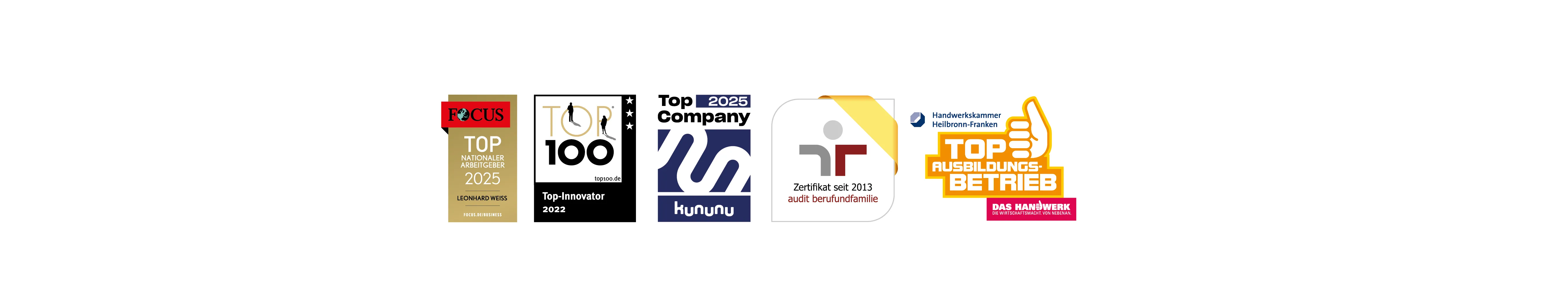 Auszeichnungen von Leonhard Weiss GmbH & Co. KG: FOCUS Top Arbeitgeber 2024, Top-Innovator 2022, kununu Top Company 2023, Top Ausbildung Deutschland 2023, Zertifikat audit berufundfamilie, Top Ausbildungsbetrieb.