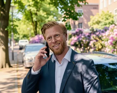 Ein freundlich lächelnder Mann im Anzug telefoniert draußen an einer sonnigen Straße, du wirst direkt angesprochen.