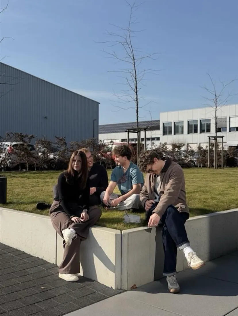 Vier junge Menschen sitzen entspannt auf dem Firmengelände von Liftstar und genießen gemeinsam die Mittagspause in der Sonne.