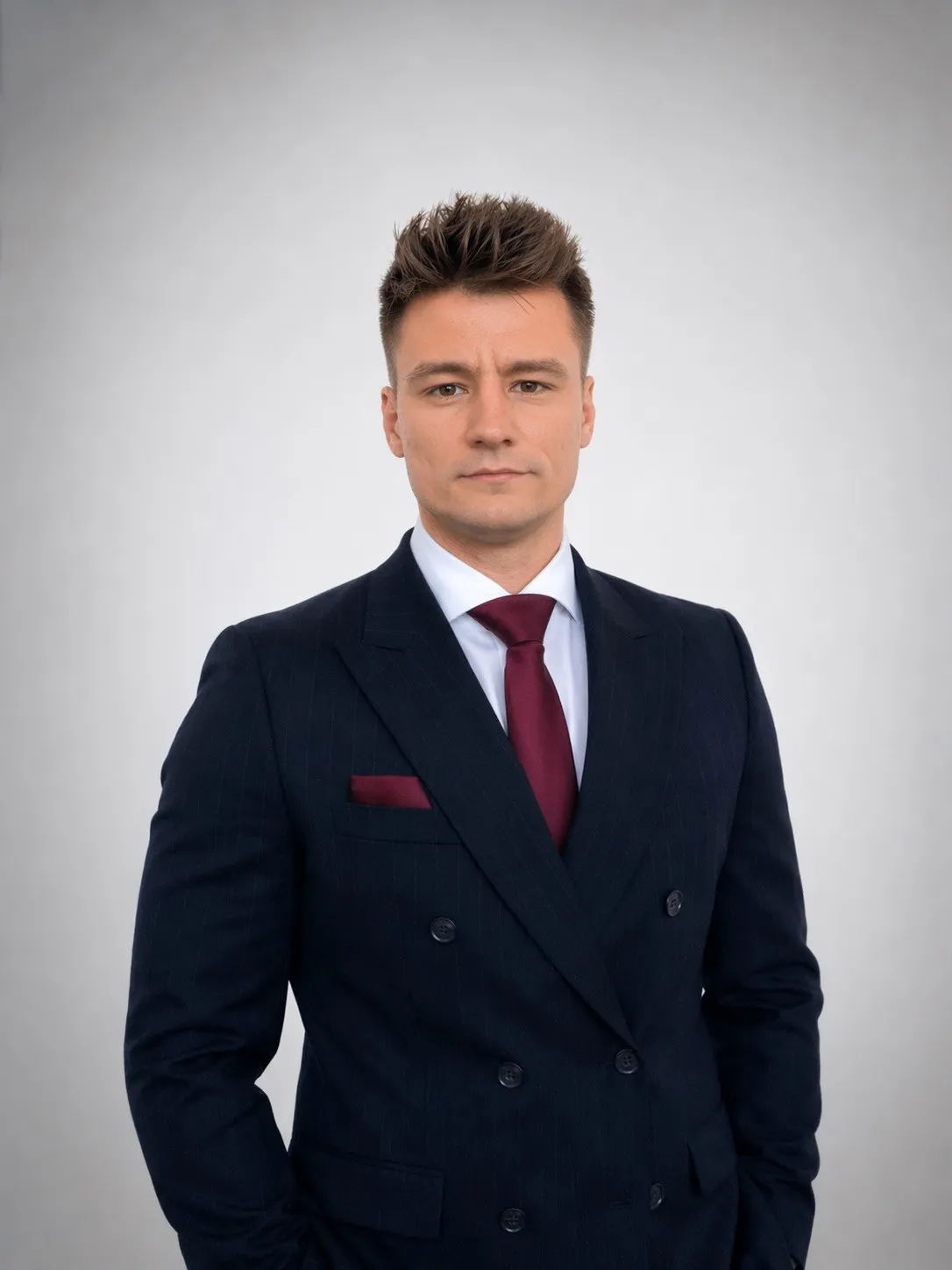 Junger Mann im Anzug mit roter Krawatte, der Dich auf der Karrierewebseite von Liftstar GmbH im Gesundheitswesen begrüßt.