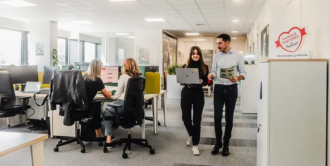 Un groupe de collègues discute dans un salon lumineux avec des chiens, créant une ambiance conviviale chez Maxi Zoo France.