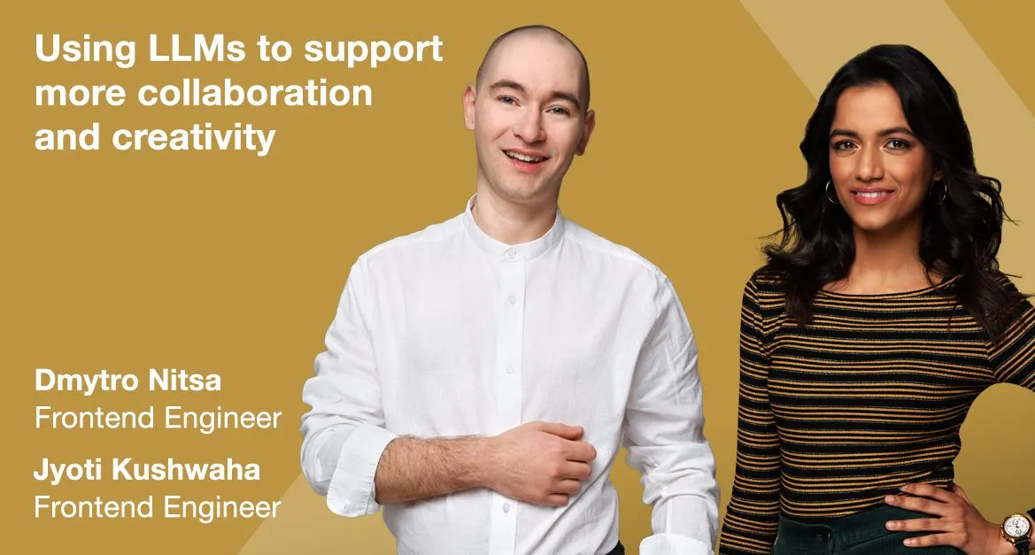 Two friendly frontend engineers from Miele, smiling and standing together, promoting teamwork and creativity with AI.