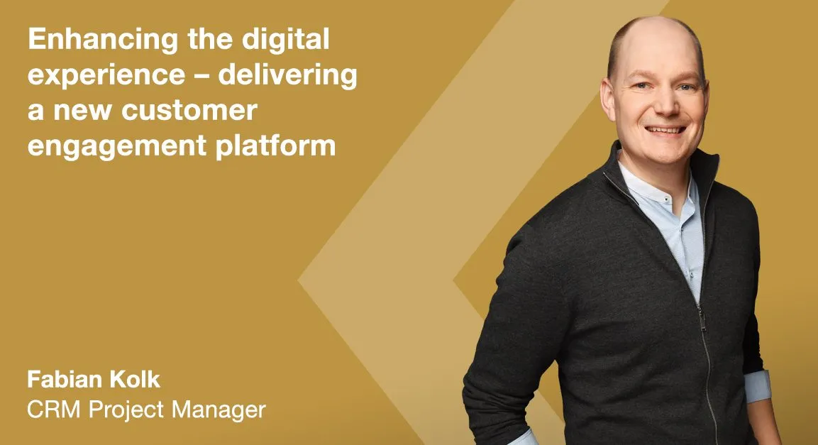 Fabian Kolk, CRM Project Manager at Miele, smiling confidently with text about delivering a new digital customer platform.