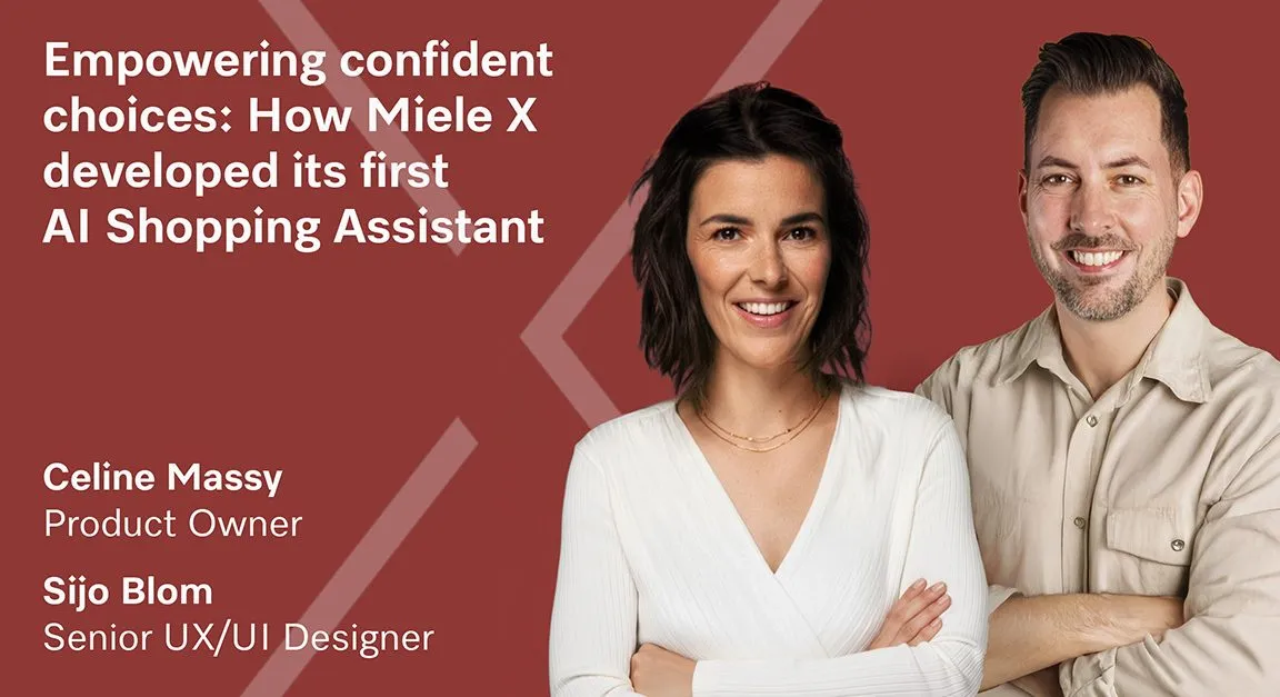 Two smiling Miele X team members stand in front of a red background with text about their new AI Shopping Assistant project.