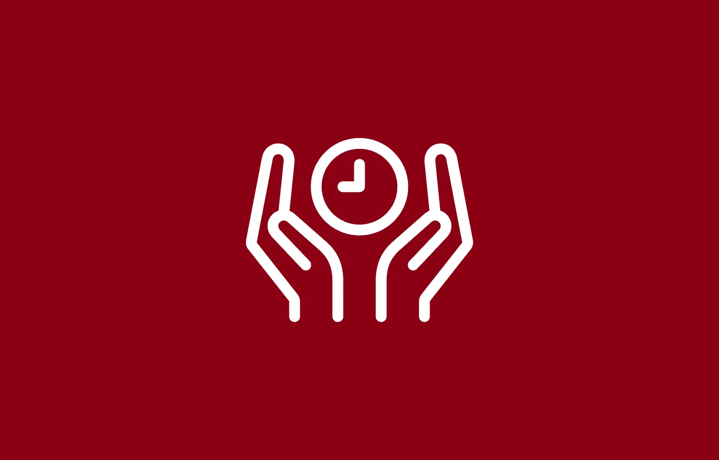 White user icon on a red background, representing Work-Life-Balance Benefits at Miele through two hands and a clock.
