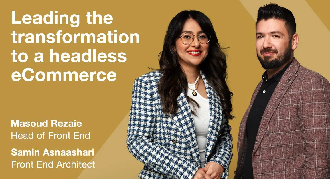 Two friendly team members from Miele’s front end crew stand together, smiling, with a headline about leading eCommerce transformation.