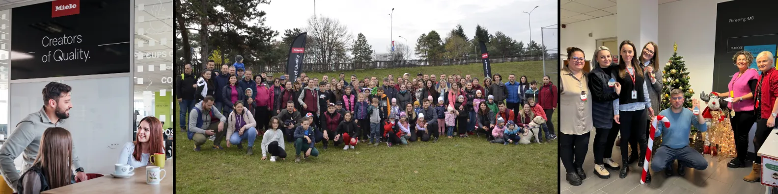Oameni la Miele & Cie. KG discutând și participând la evenimente de echipă, inclusiv o întâlnire în aer liber și o sărbătoare de Crăciun.