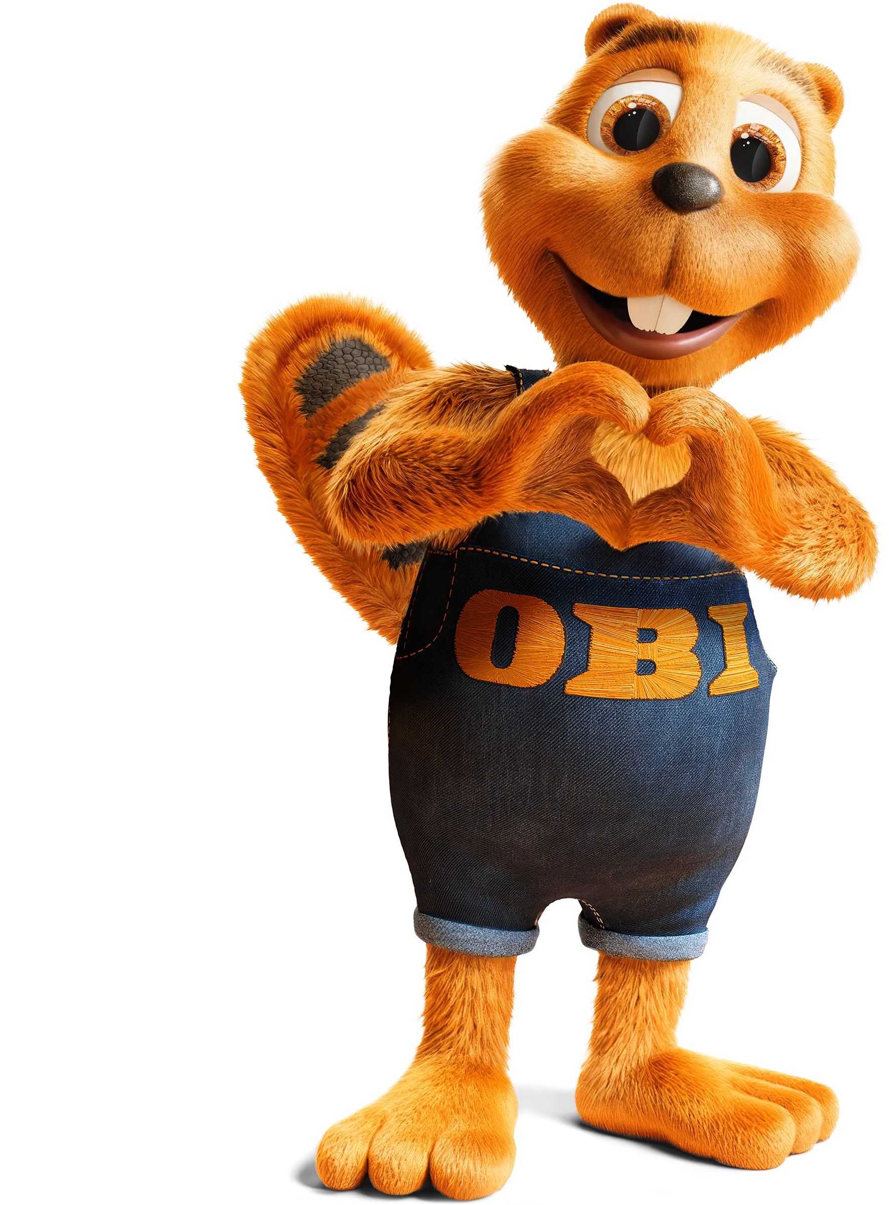 OBI-Maskottchen mit Herzgeste und Latzhose mit OBI-Schriftzug lädt Dich herzlich zum Karriereeinstieg ein.