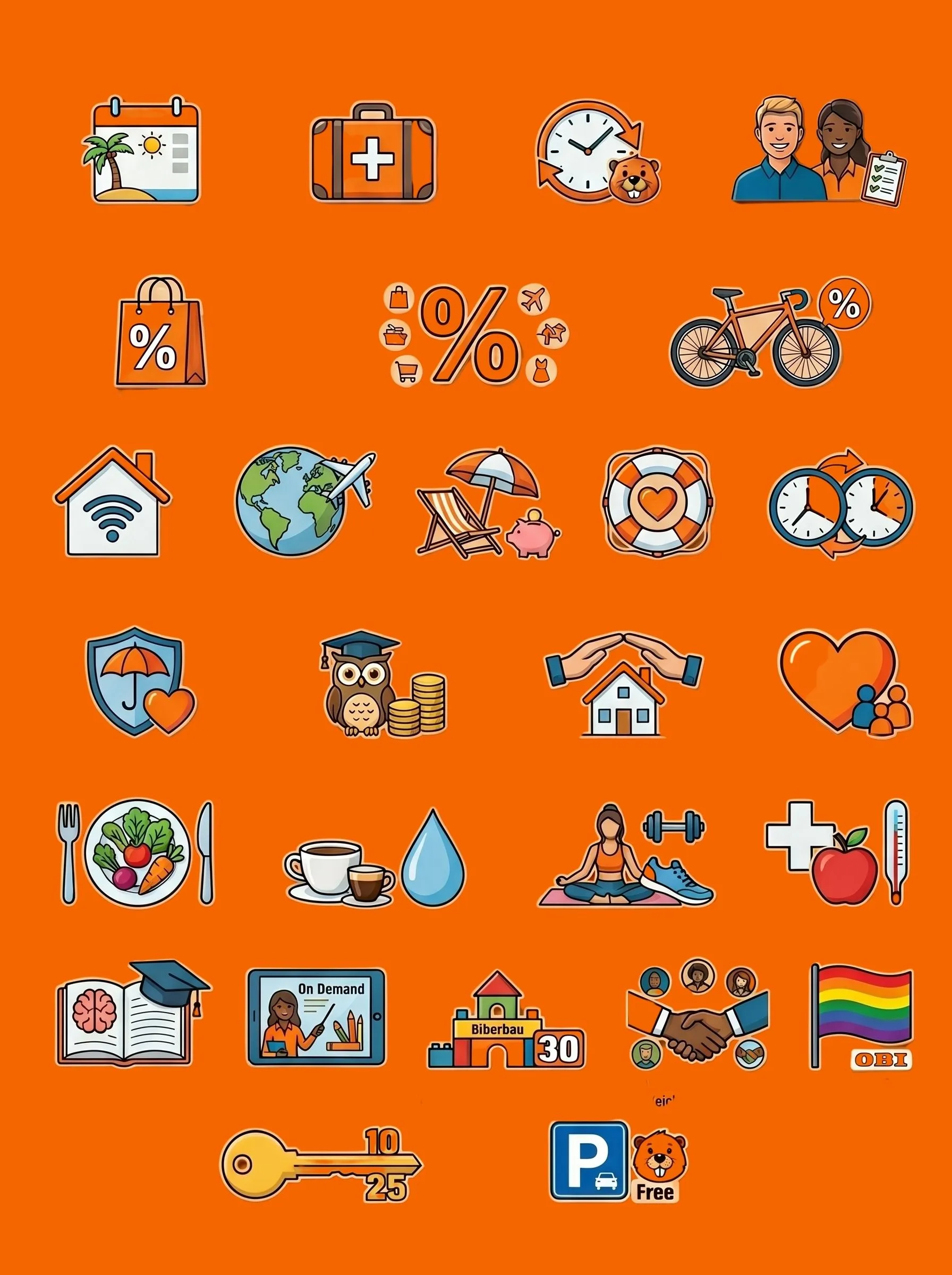 Verschiedene bunte Icons auf orangefarbenem Hintergrund zeigen Benefits wie Urlaub, Gesundheit, Rabatte, Flexibilität und Vielfalt bei OBI.