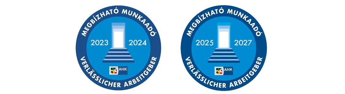 Bélyegző 'Megbízható Munkaadó' felirattal, 2023-2024, kék körben lépcső és AHK logó.