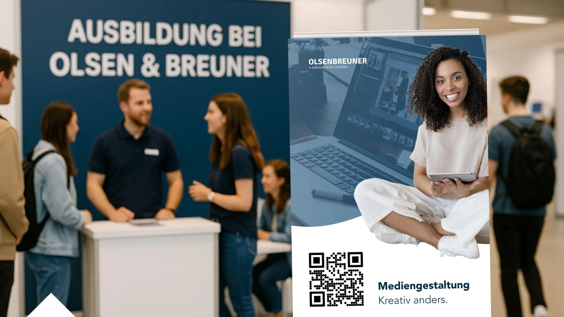 Auszubildende unterhalten sich an einem Infostand von Olsen & Breuner, IT-Unternehmen. Plakat zur Mediengestaltung.
